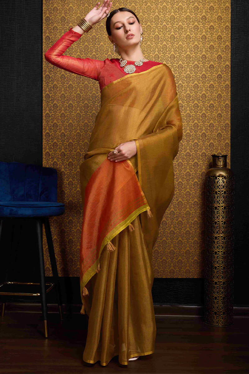 Rhapsodic Mustard Soft Banarasi Tissue Silk Saree With Surpassing Blouse Piece - Image 3