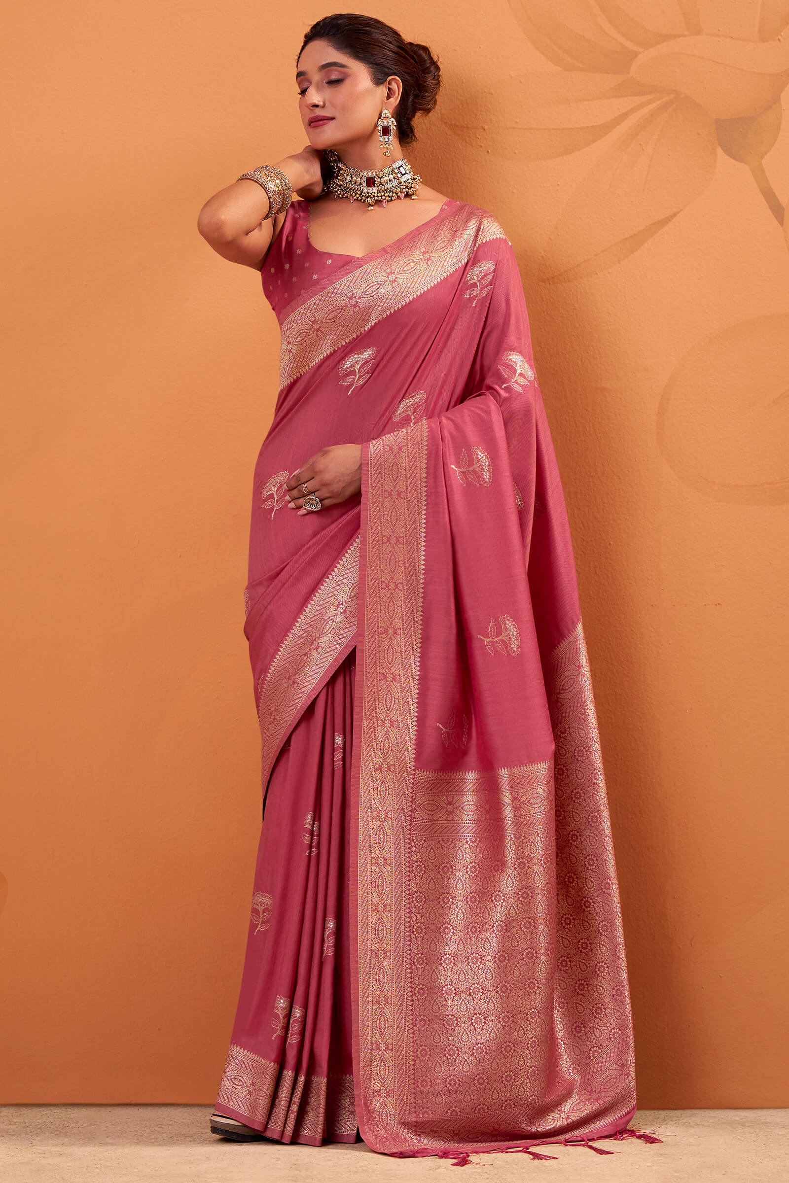 Rhapsodic Pink Banarasi Tussar Silk Saree With Zephyr Blouse Piece - Image 3