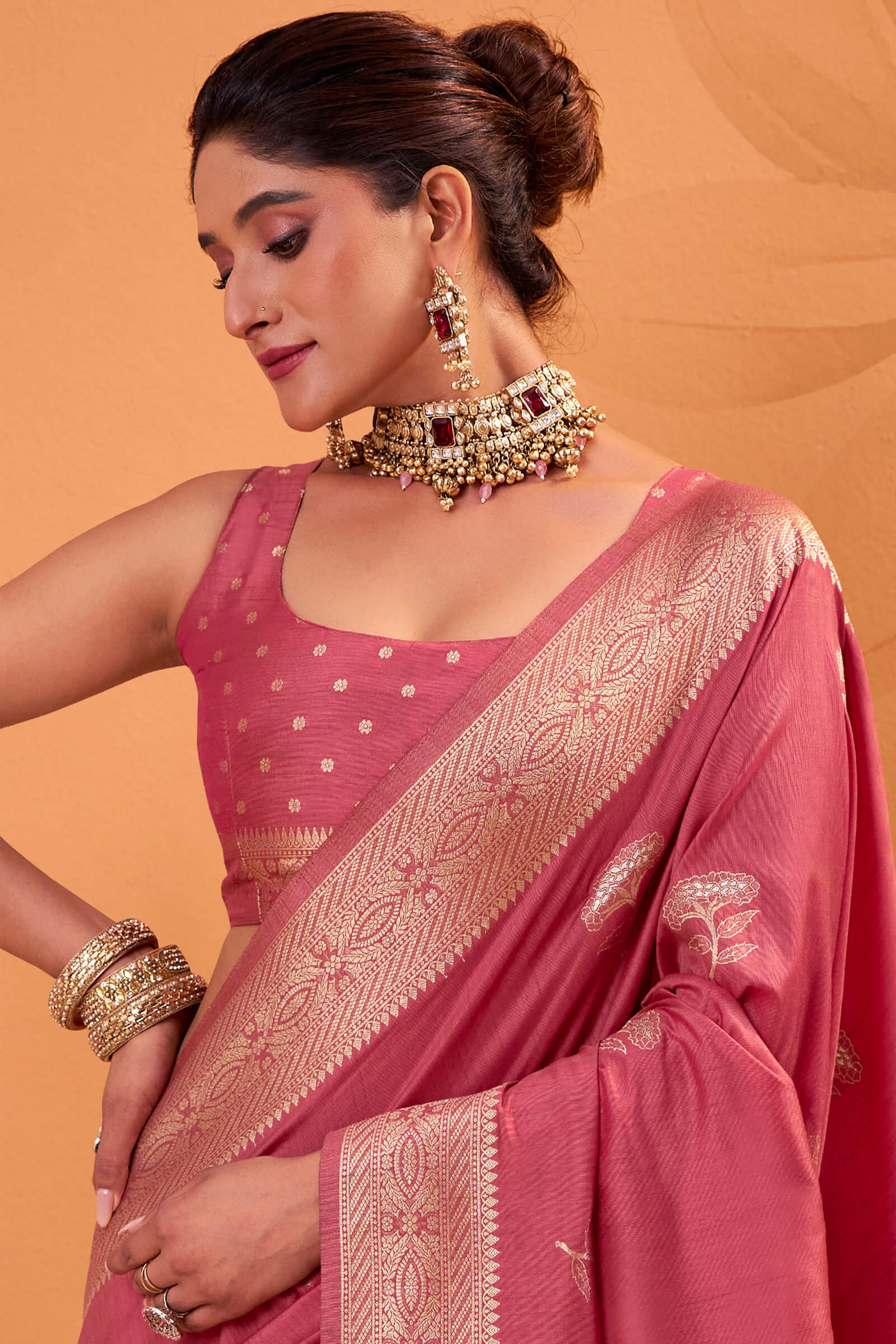Rhapsodic Pink Banarasi Tussar Silk Saree With Zephyr Blouse Piece - Image 4