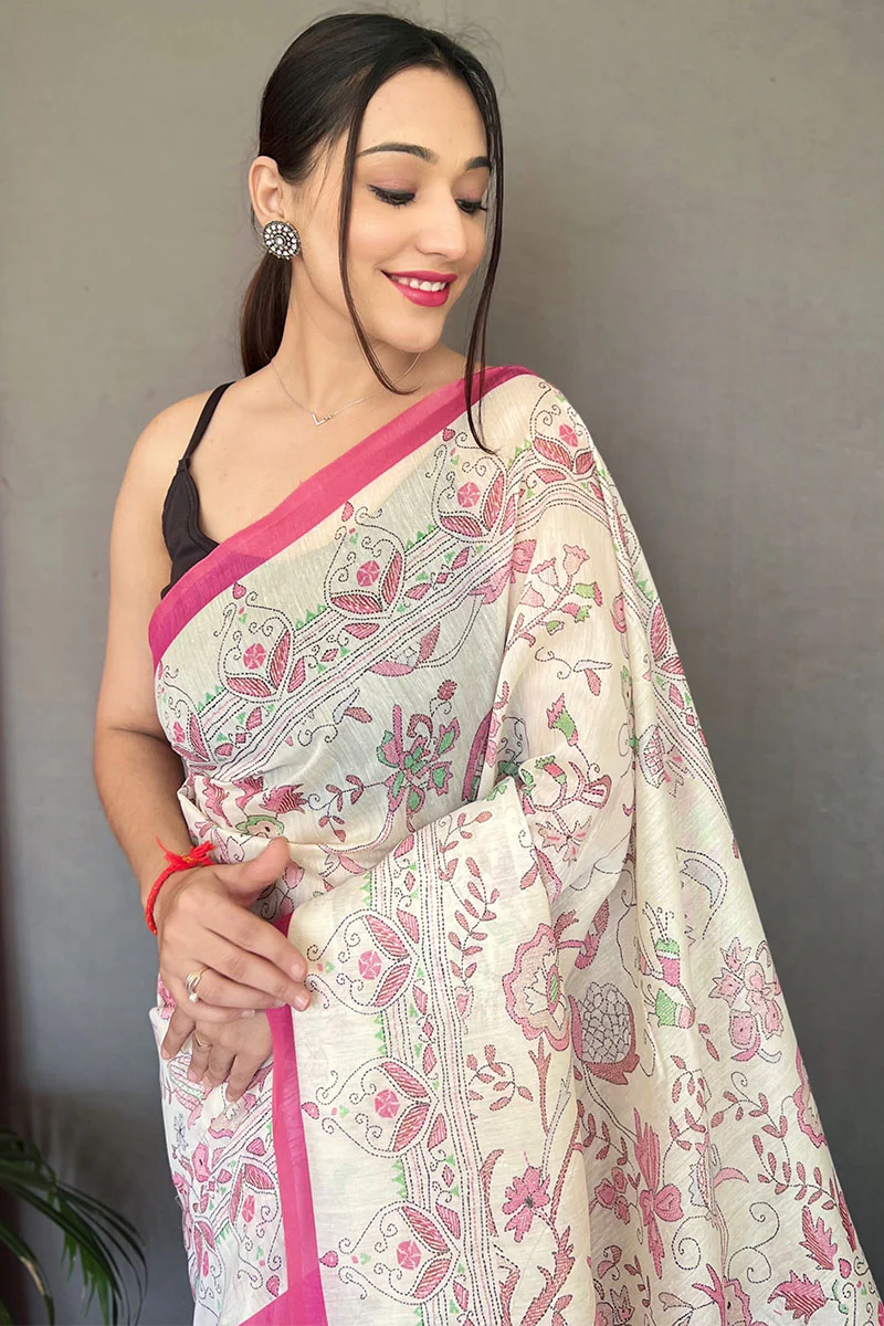 Rhapsodic White Cotton Silk Saree With Profuse Blouse Piece - Image 2
