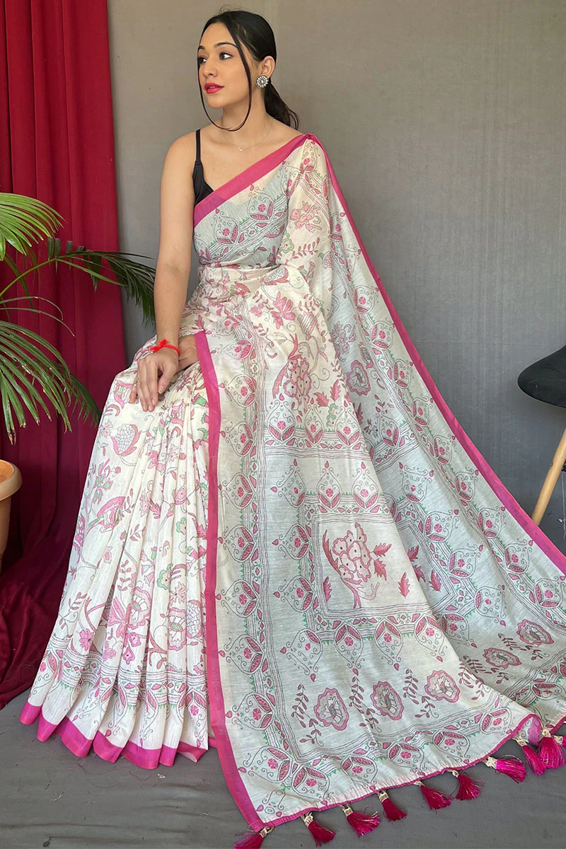 Rhapsodic White Cotton Silk Saree With Profuse Blouse Piece - Image 3