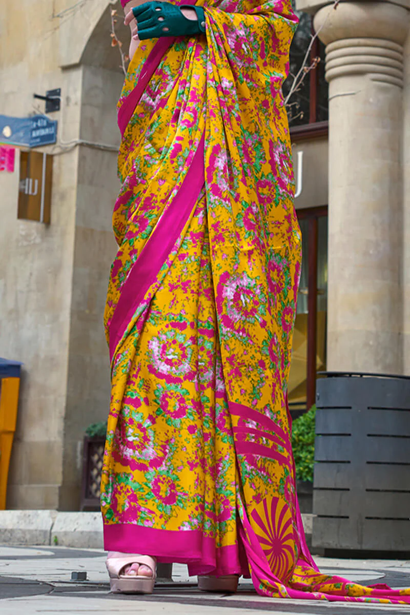 Rhapsodic Yellow Digital Printed Satin Silk Saree With Opulent Blouse Piece - Image 3