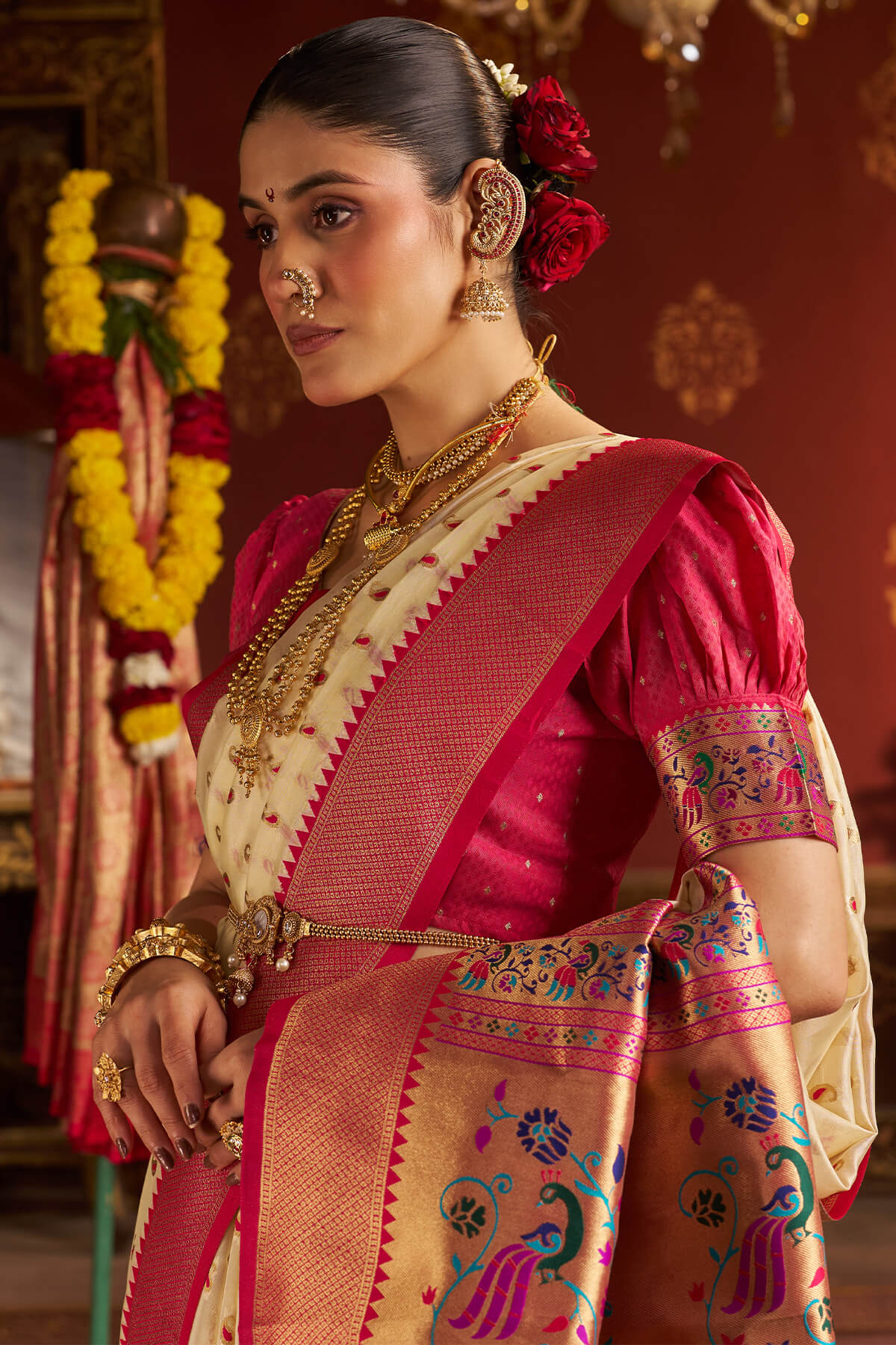 Rhapsody Beige Organza Paithani Silk Saree With Enchanting Blouse Piece - Image 4