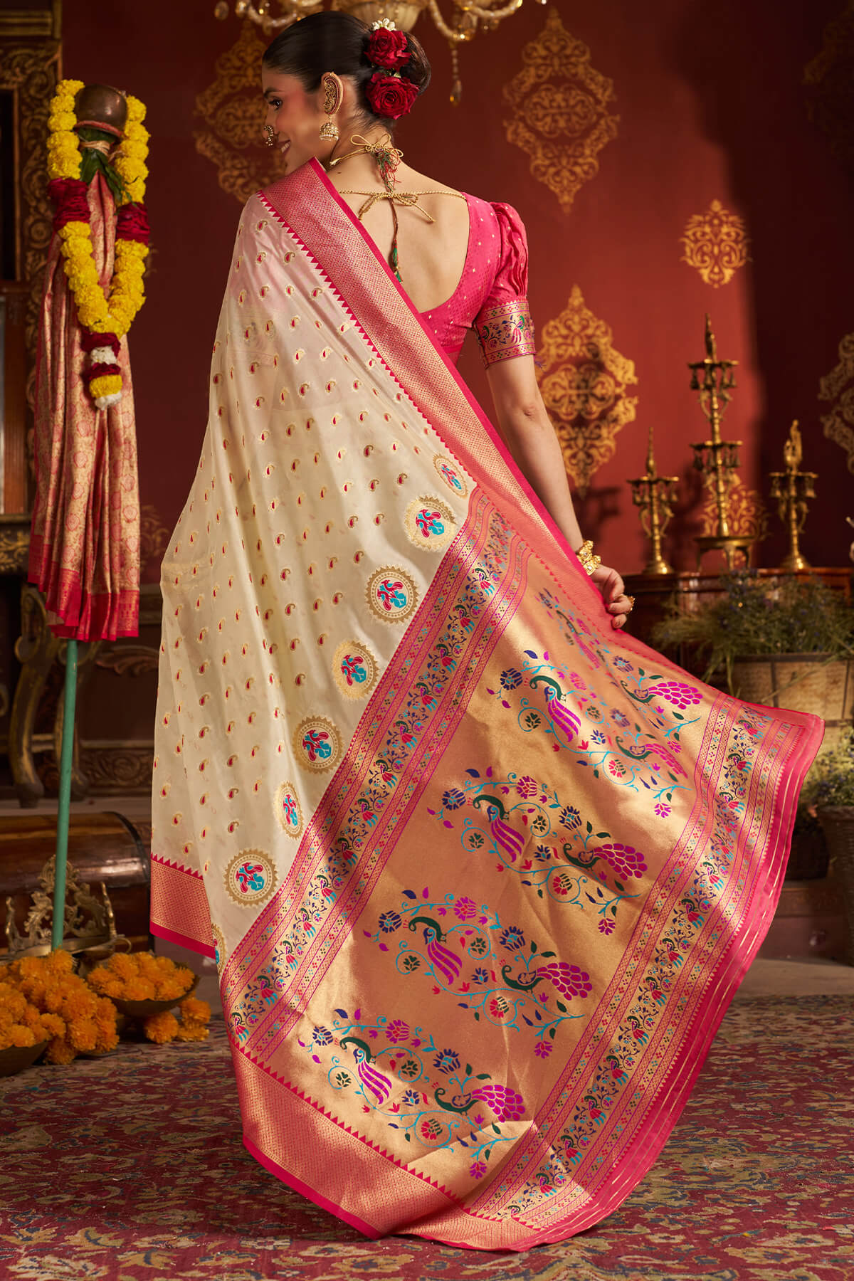 Rhapsody Beige Organza Paithani Silk Saree With Enchanting Blouse Piece - Image 6