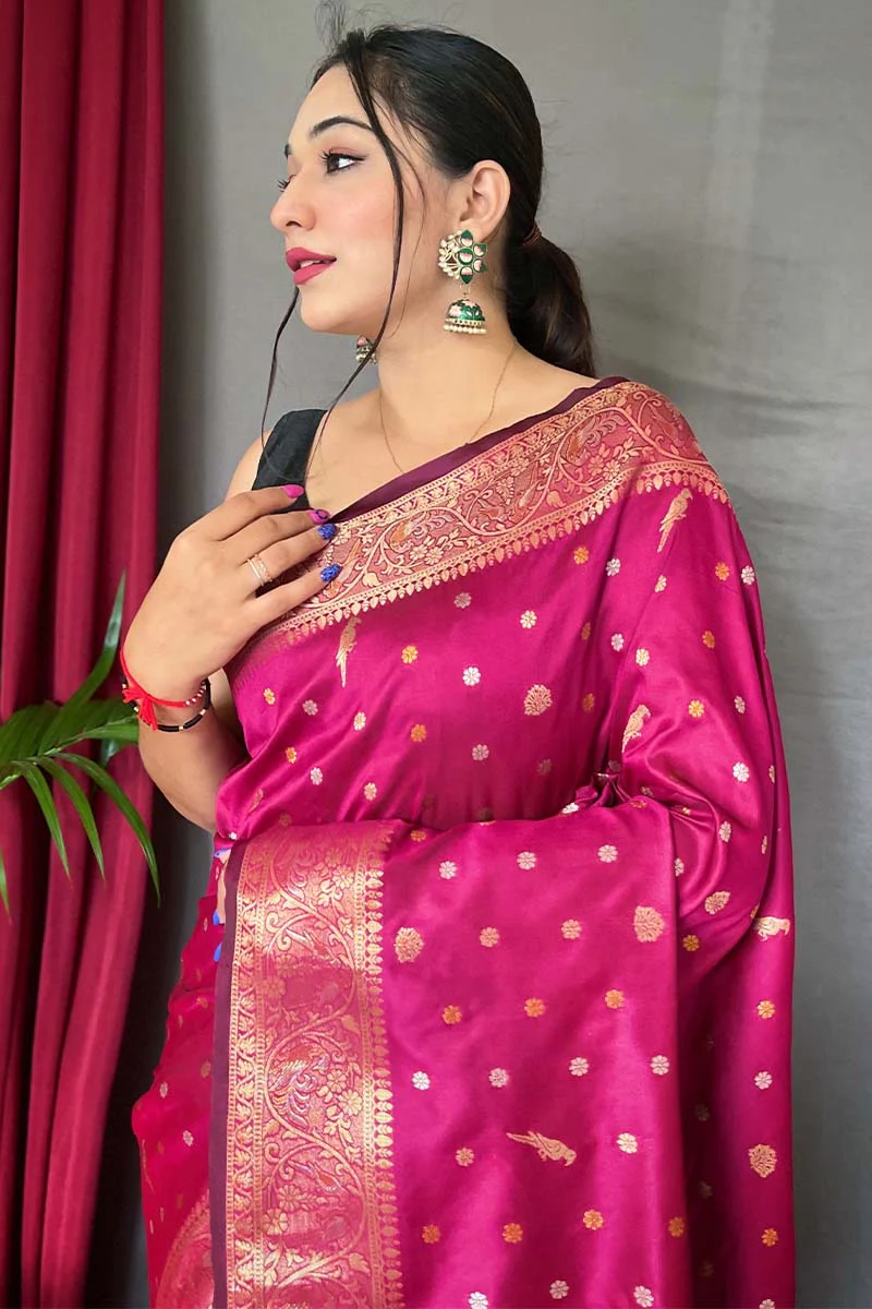 Rhapsody Dark Pink Soft Banarasi Silk Saree With Winsome Blouse Piece - Image 2