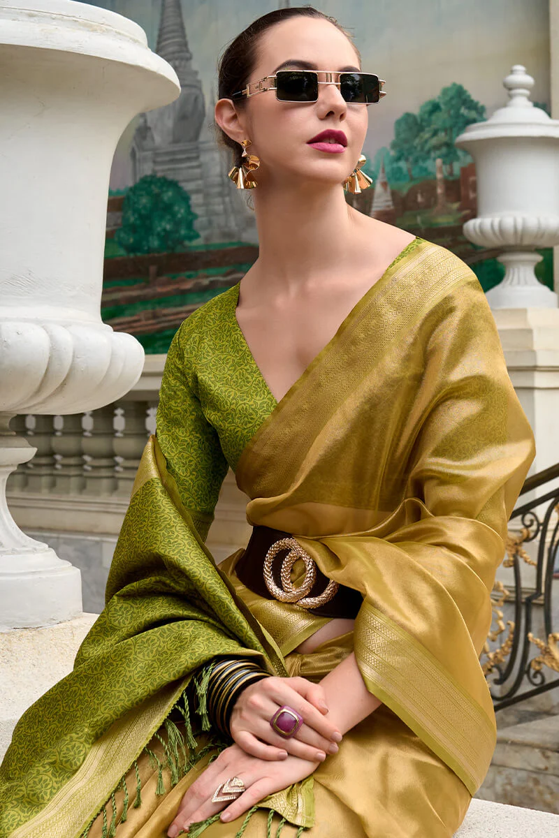 Rhapsody Mehndi Soft Tissue Silk Saree With Grandiose Blouse Piece - Image 2