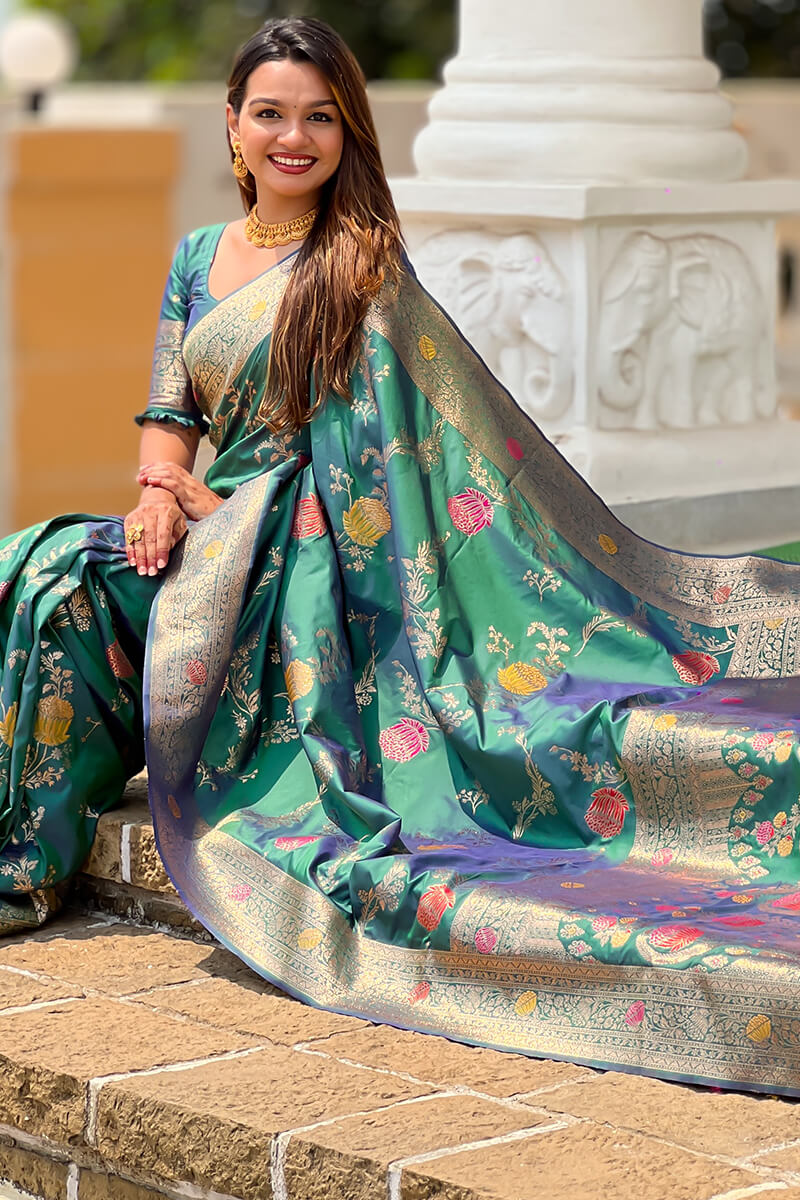 Rhapsody Rama Soft Banarasi Silk Saree With Posh Blouse Piece - Image 3