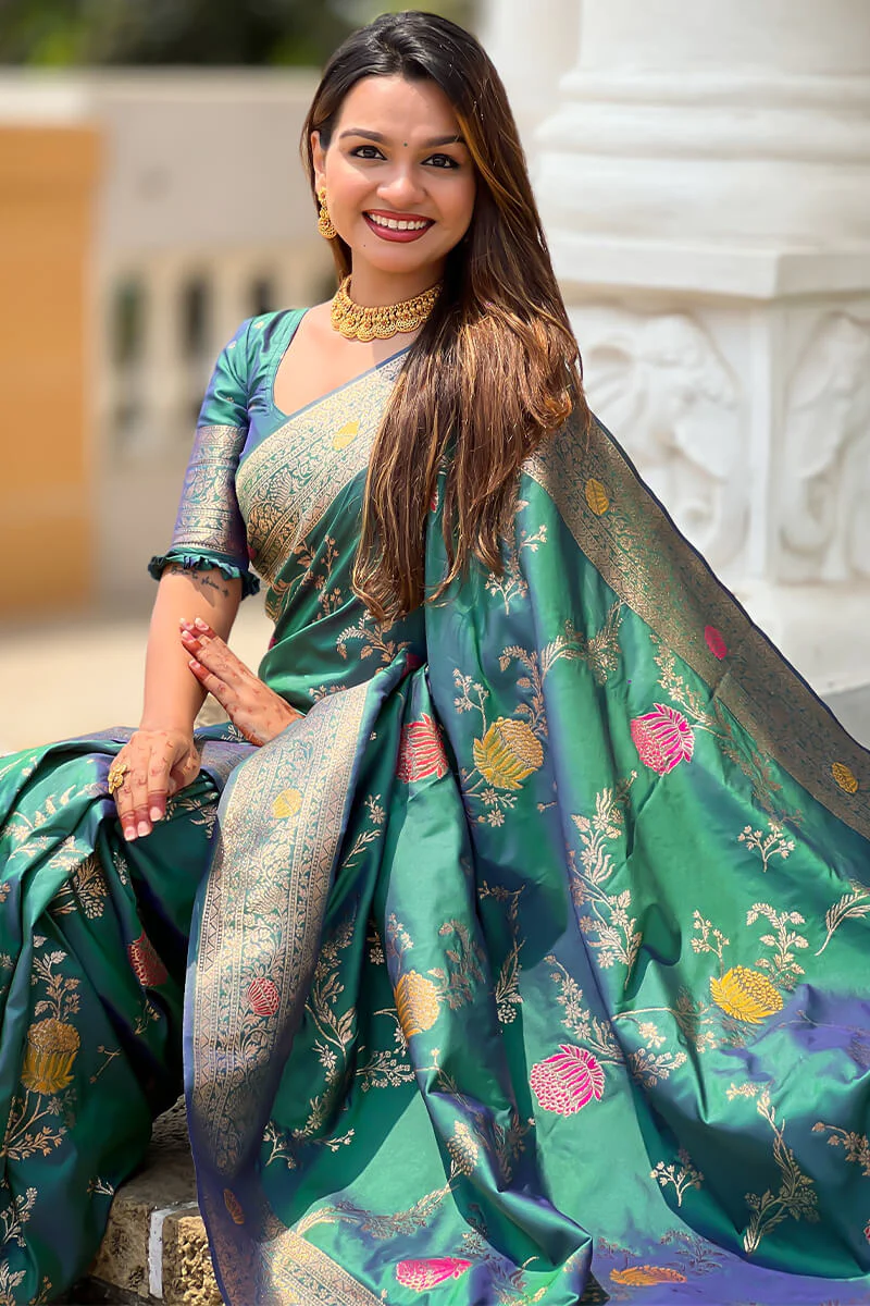 Rhapsody Rama Soft Banarasi Silk Saree With Posh Blouse Piece - Image 4