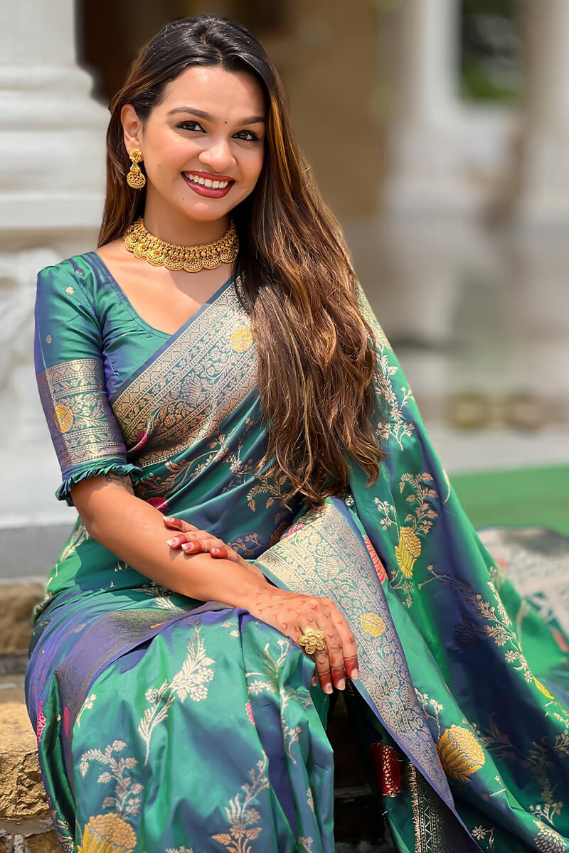 Rhapsody Rama Soft Banarasi Silk Saree With Posh Blouse Piece - Image 5
