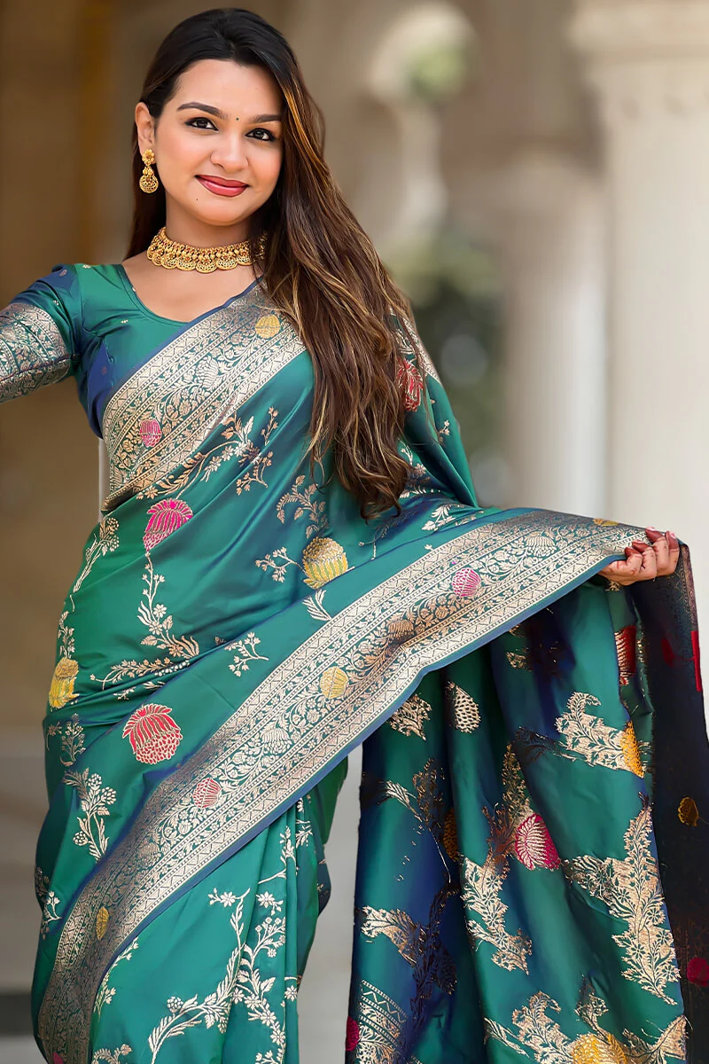 Rhapsody Rama Soft Banarasi Silk Saree With Posh Blouse Piece - Image 6