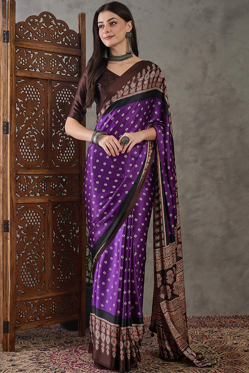 Rhapsody Royal Purple Ajrakh Printed Semi Modal Silk Saree With Proficient Blouse Piece
