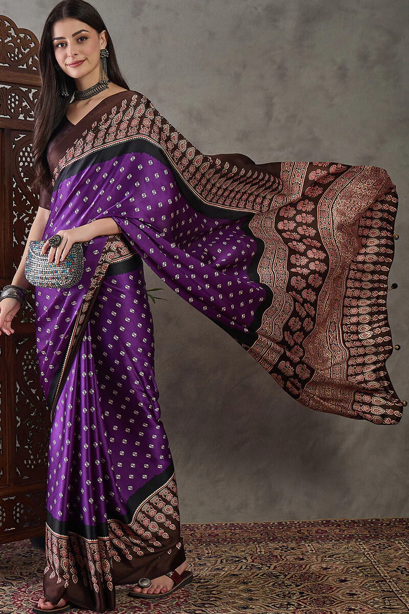 Rhapsody Royal Purple Ajrakh Printed Semi Modal Silk Saree With Proficient Blouse Piece - Image 3