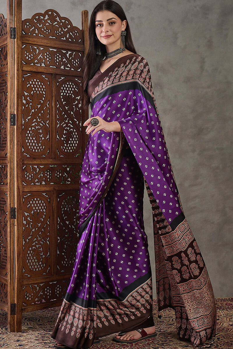 Rhapsody Royal Purple Ajrakh Printed Semi Modal Silk Saree With Proficient Blouse Piece - Image 4
