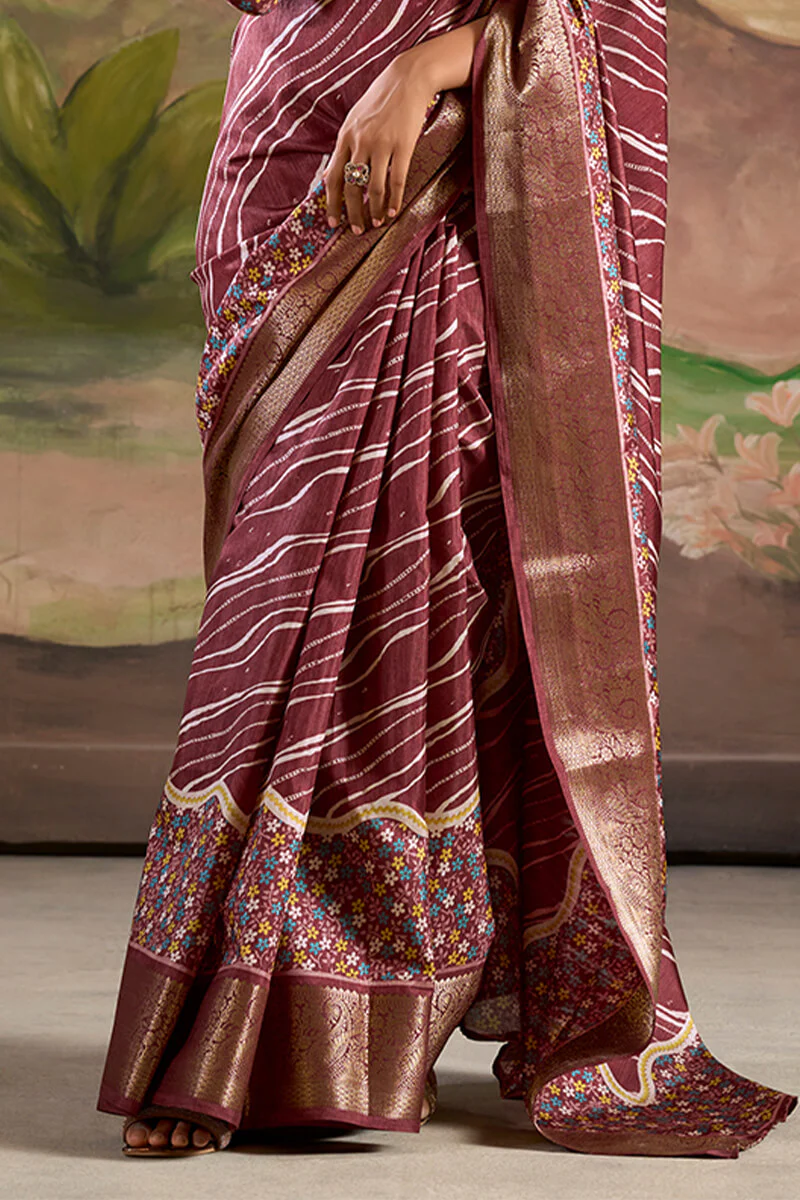 Rhapsody Wine Digital Printed Dola Silk Saree With Skinny Blouse Piece - Image 4