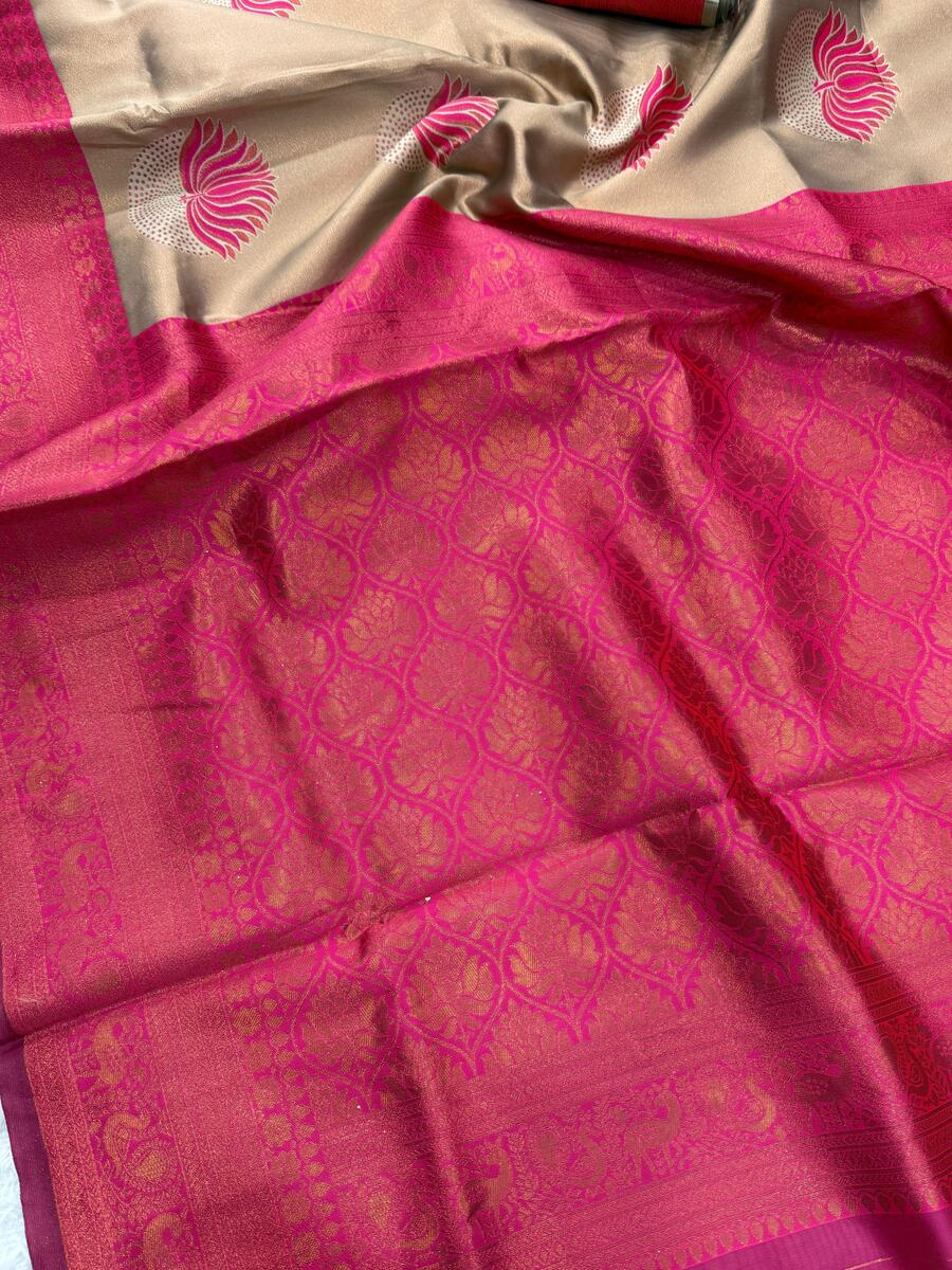 Scintilla Beige and Dark Pink Soft Silk Saree With Improbable Blouse Piece - Image 3