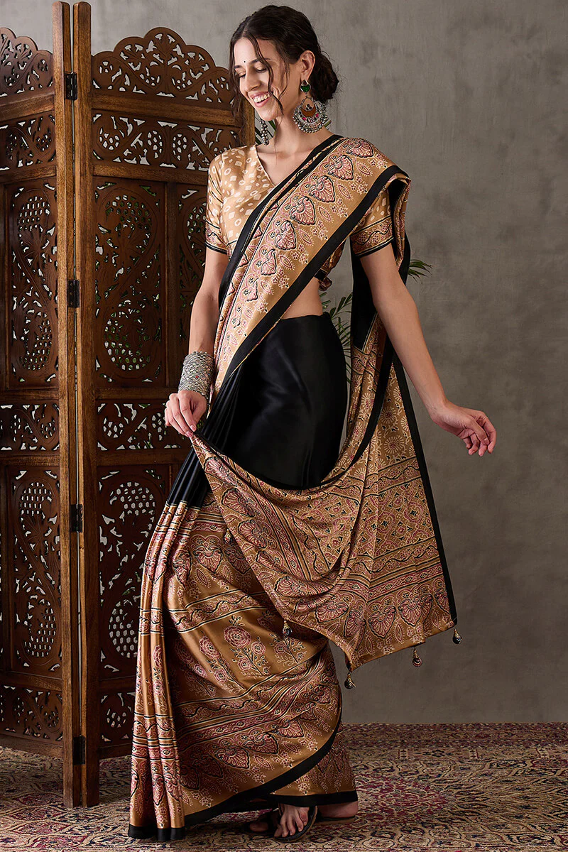 Scintilla Black Ajrakh Printed Semi Modal Silk Saree With Splendiferous Blouse Piece - Image 5