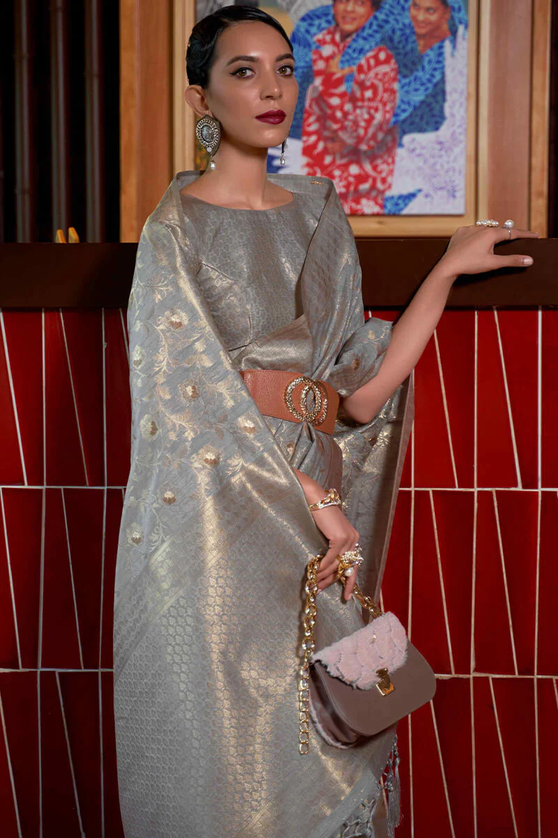 Scintilla Grey Soft Banarasi Silk Saree With Scintilla Blouse Piece - Image 2