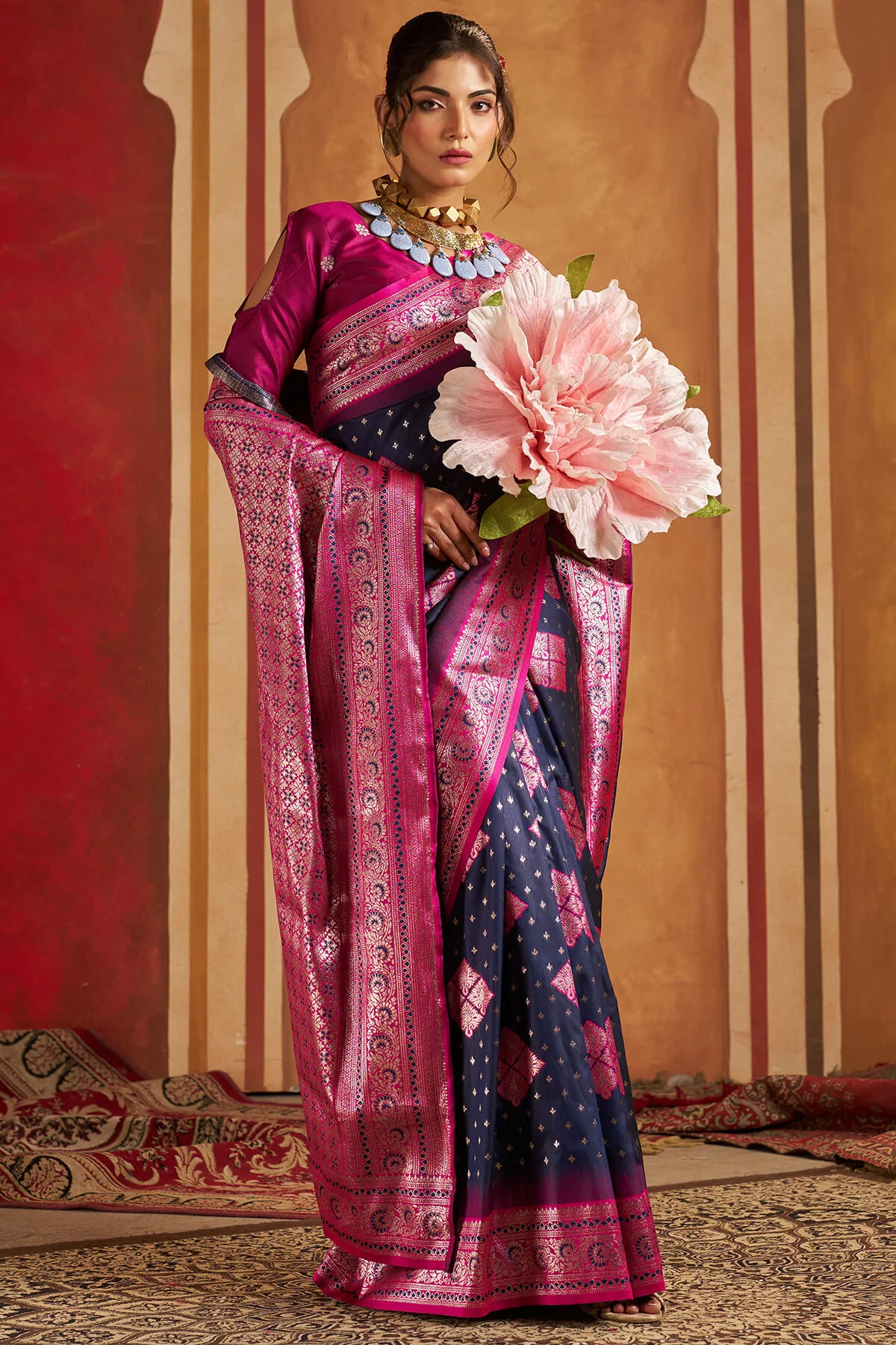 Scintilla Navy Blue Pure Zari Weaving Banarasi Silk Saree With Denouement Blouse Piece - Image 4