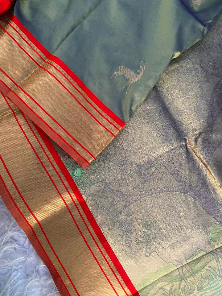 Scintilla Sea Green Pure Zari Weaving Banarasi Silk Saree With Desirable Blouse Piece - Image 2