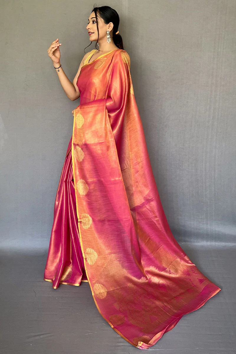 Scintillating Dark Pink Soft Banarasi Tissue Silk Saree With Enthralling Blouse Piece - Image 3