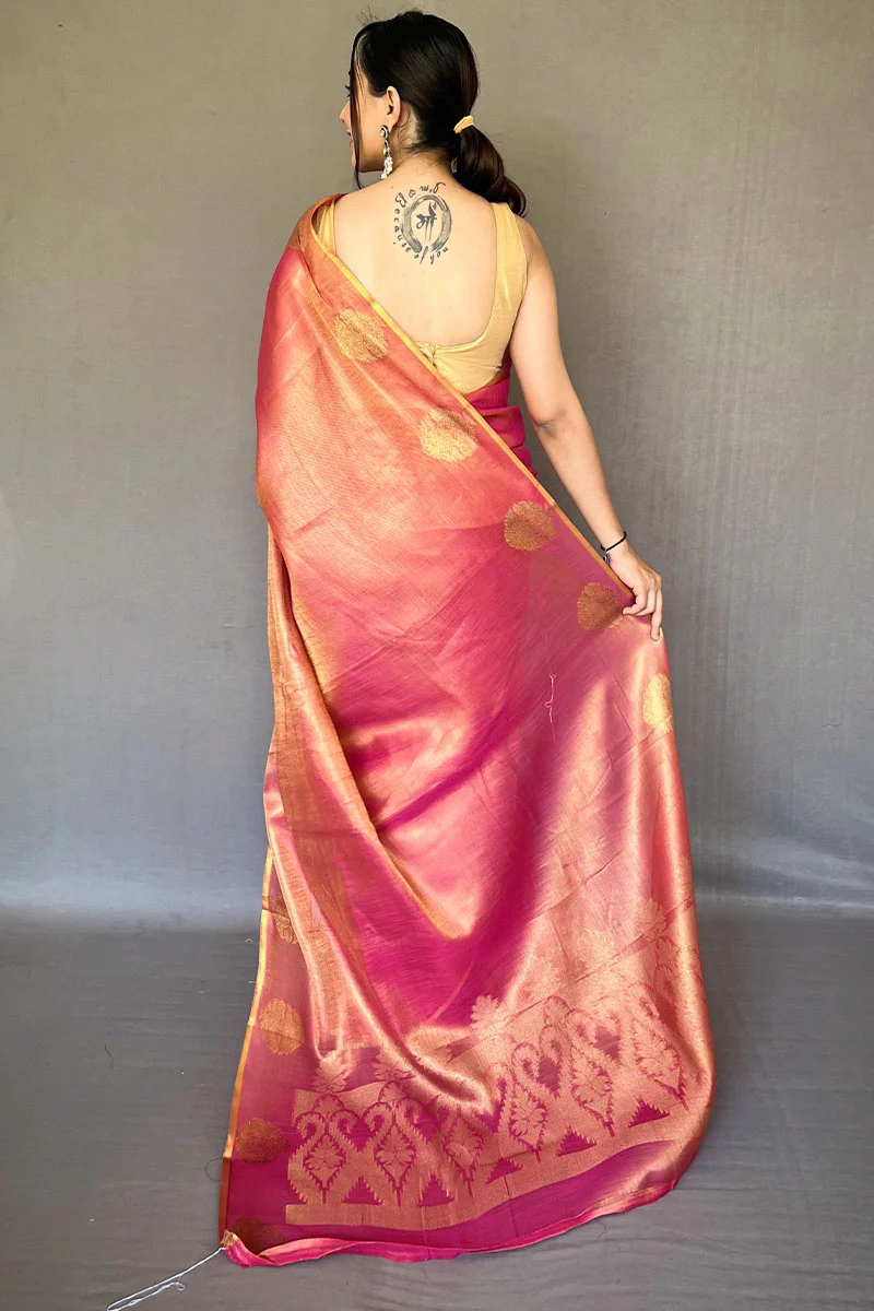 Scintillating Dark Pink Soft Banarasi Tissue Silk Saree With Enthralling Blouse Piece - Image 4