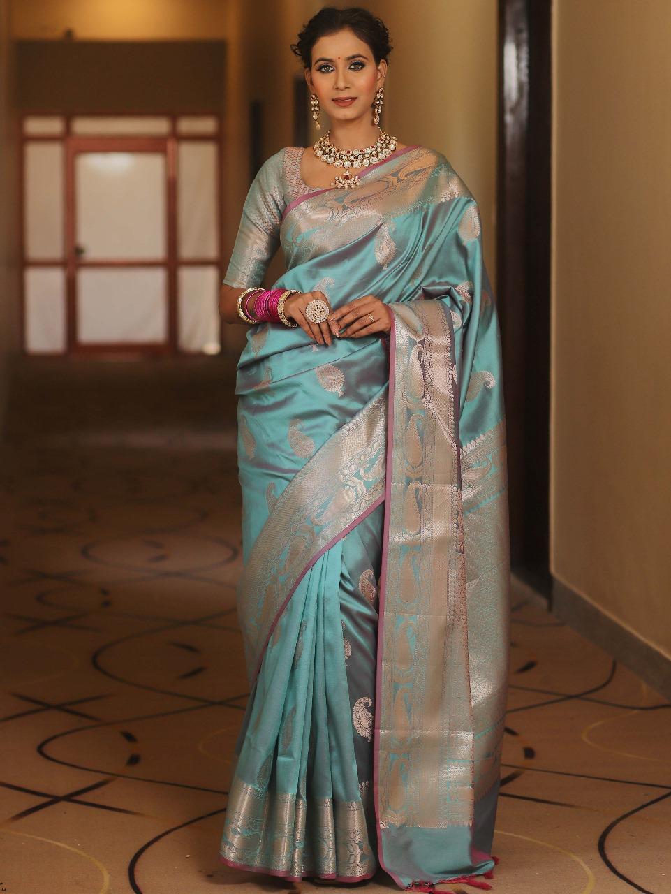 Scintillating Firozi Soft Banarasi Silk Saree With Preferable Blouse Piece - Image 3