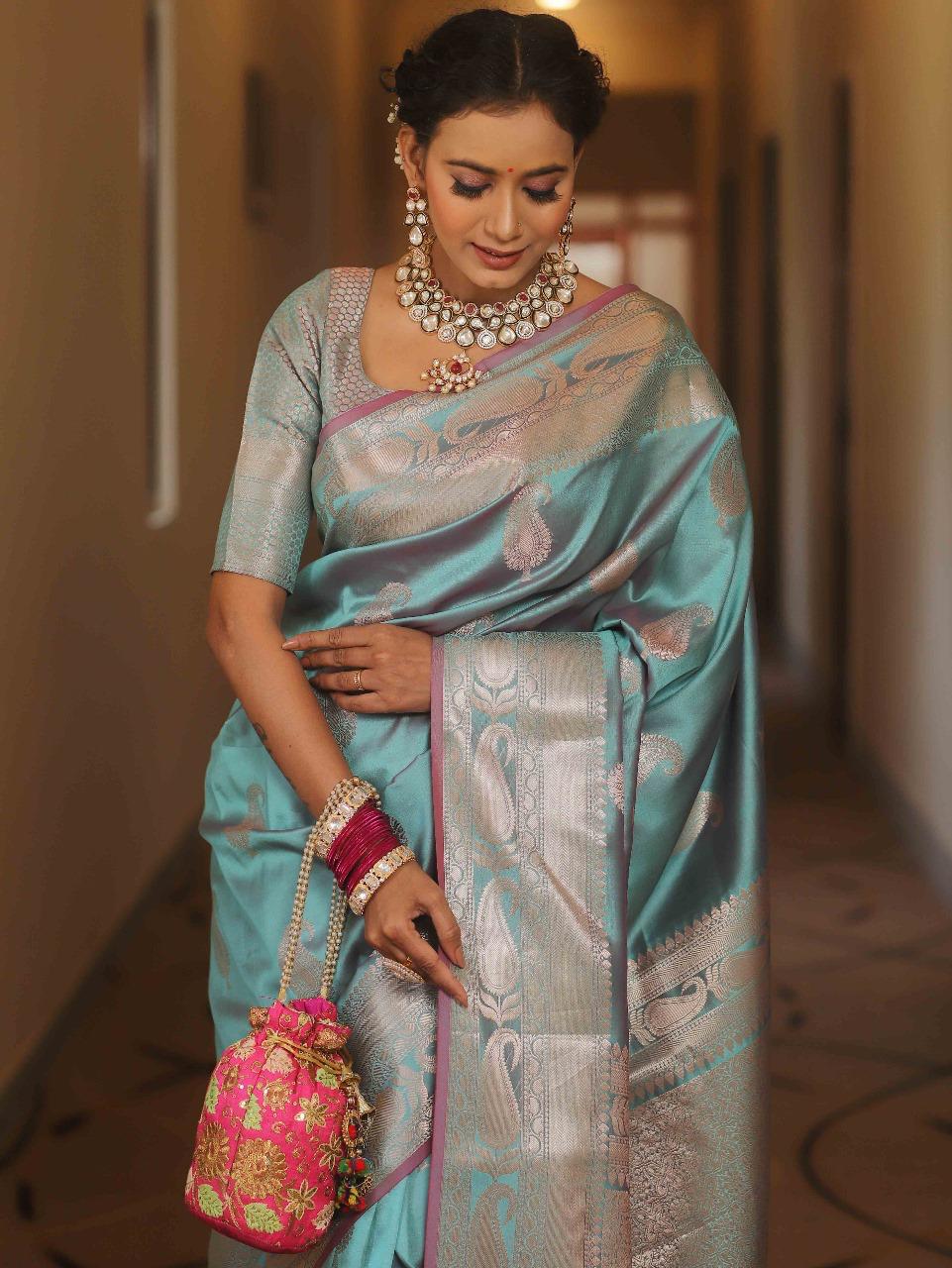 Scintillating Firozi Soft Banarasi Silk Saree With Preferable Blouse Piece - Image 4