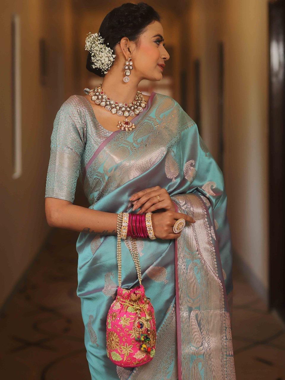Scintillating Firozi Soft Banarasi Silk Saree With Preferable Blouse Piece - Image 6