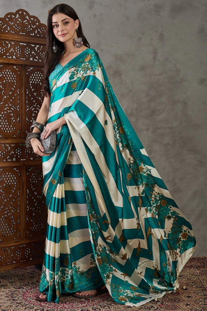 Scintillating Rama Ajrakh Printed Semi Modal Silk Saree With Smashing Blouse Piece - Image 5