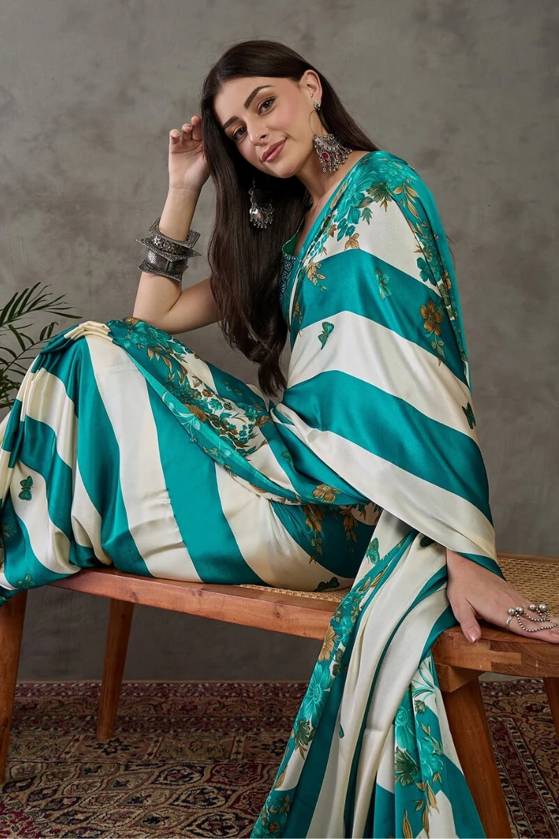 Scintillating Rama Ajrakh Printed Semi Modal Silk Saree With Smashing Blouse Piece - Image 6