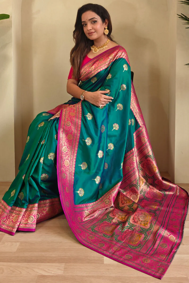 Scintillating Sea Green Soft Banarasi Silk Saree With Allure Blouse Piece - Image 2