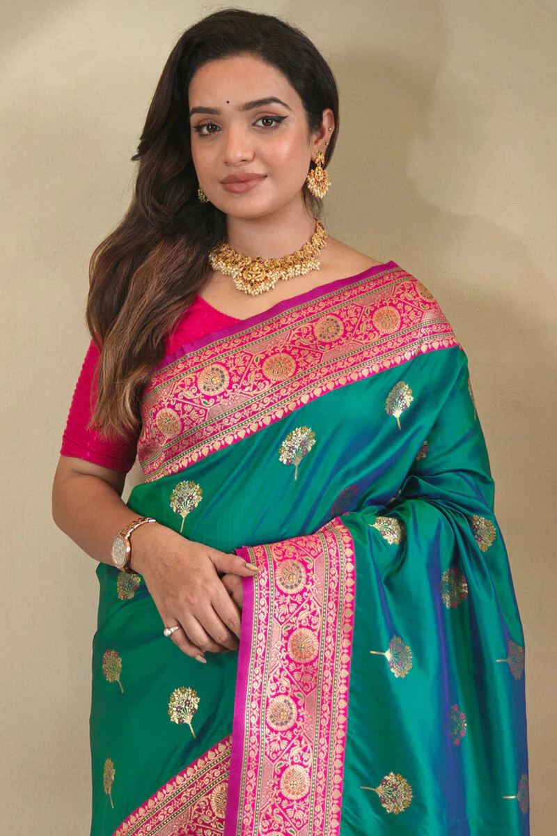 Scintillating Sea Green Soft Banarasi Silk Saree With Allure Blouse Piece - Image 3