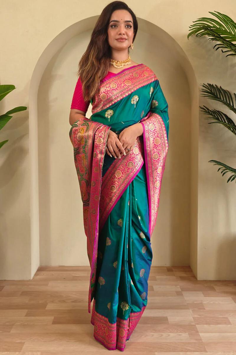 Scintillating Sea Green Soft Banarasi Silk Saree With Allure Blouse Piece - Image 4