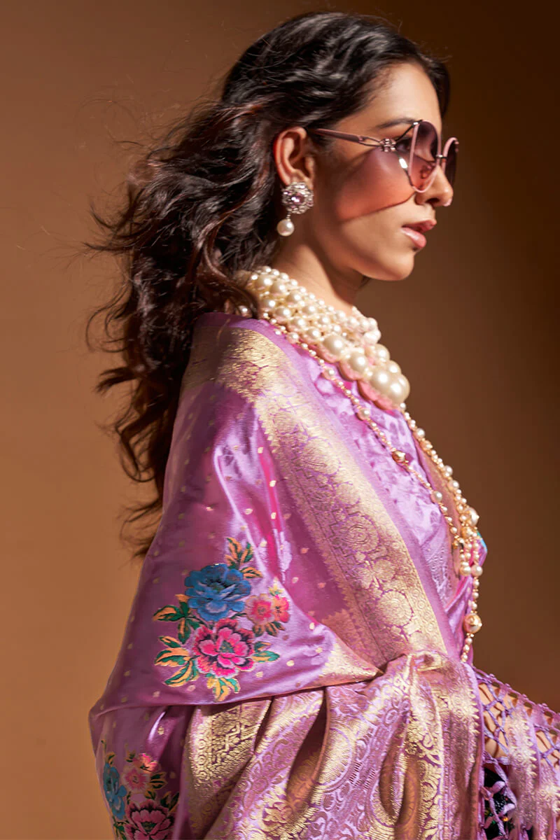 Scrumptious Lavender Banarasi Satin Silk Saree With Unequalled Blouse - Image 2