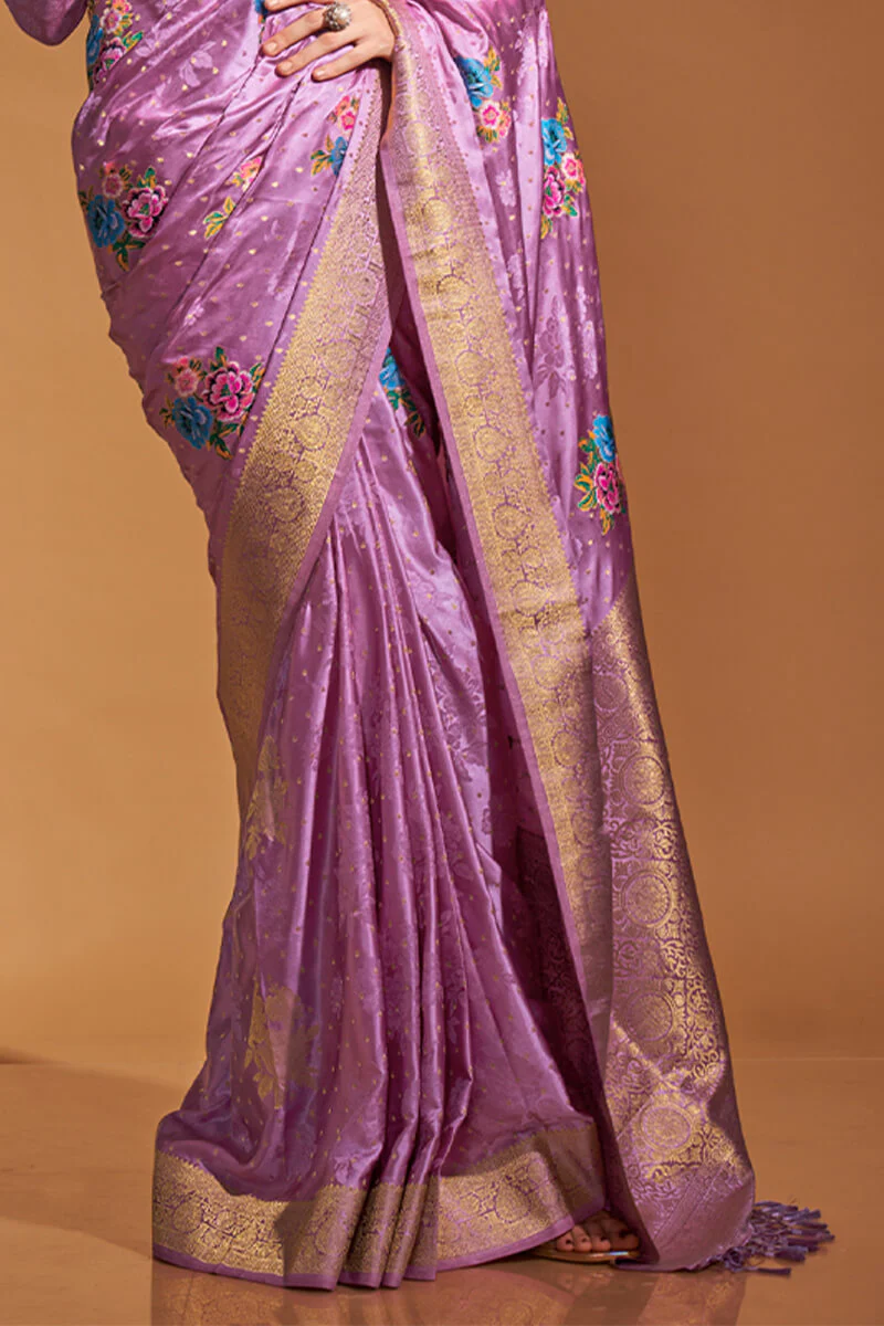 Scrumptious Lavender Banarasi Satin Silk Saree With Unequalled Blouse - Image 3