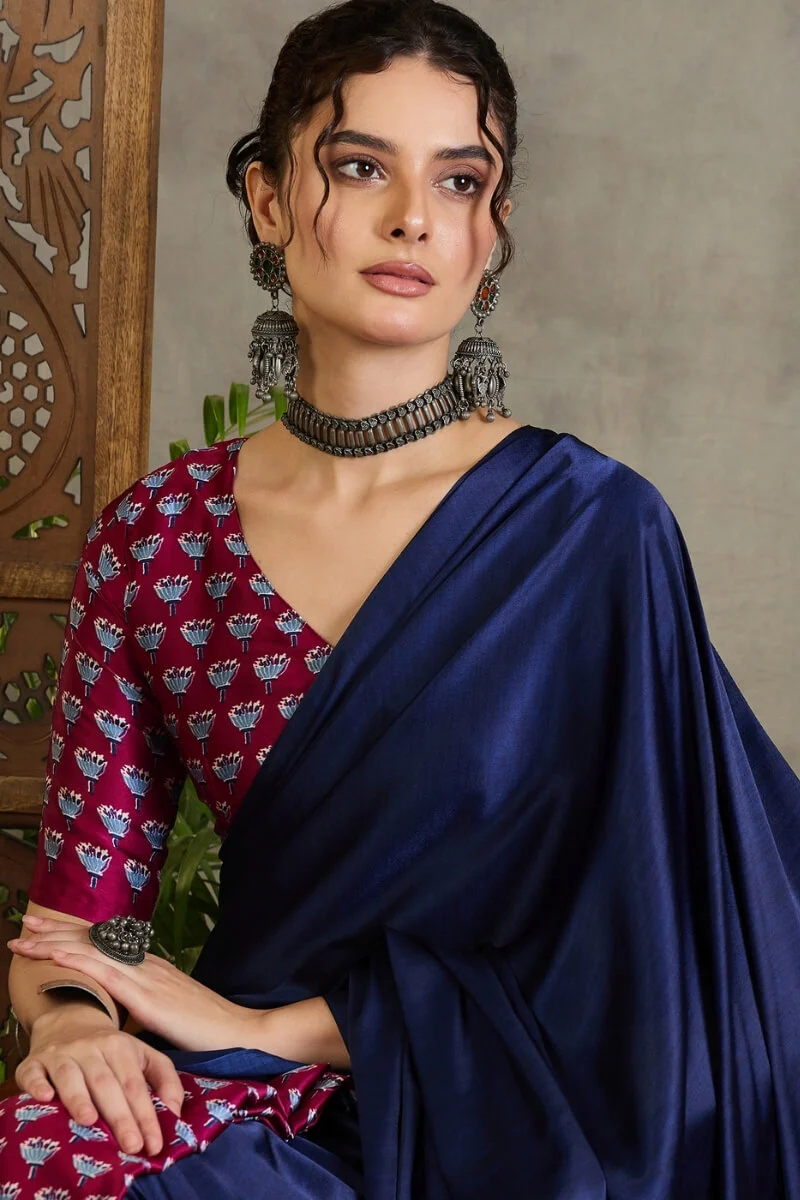 Scrumptious Navy Blue Ajrakh Printed Semi Modal Silk Saree With Flamboyant Blouse Piece - Image 2