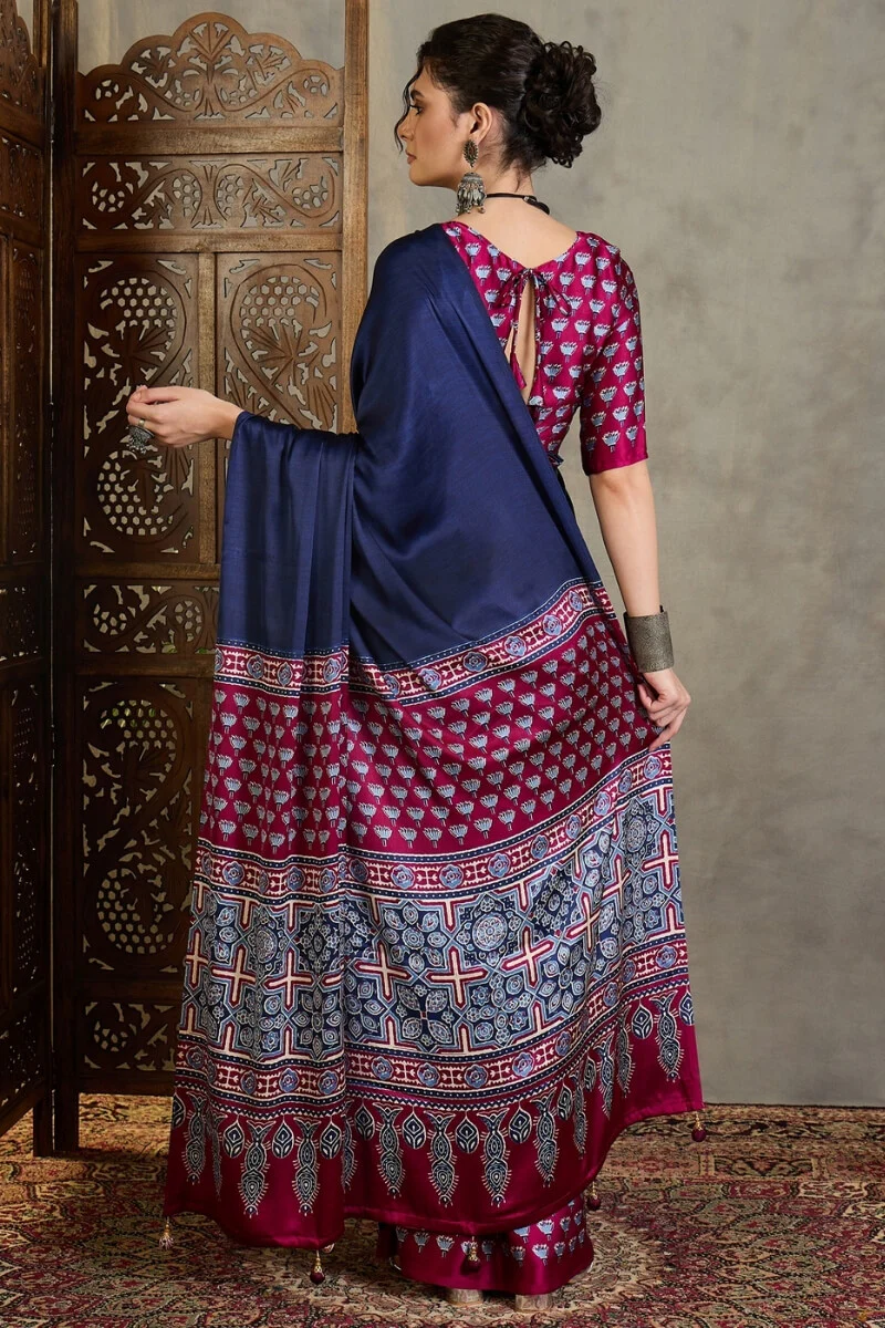 Scrumptious Navy Blue Ajrakh Printed Semi Modal Silk Saree With Flamboyant Blouse Piece - Image 7