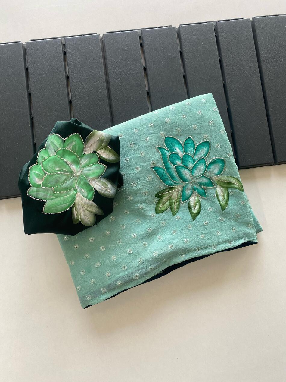 Scrumptious Sea Green Handwork Crush Chiffon Silk Saree With Aplomb Blouse Piece - Image 3