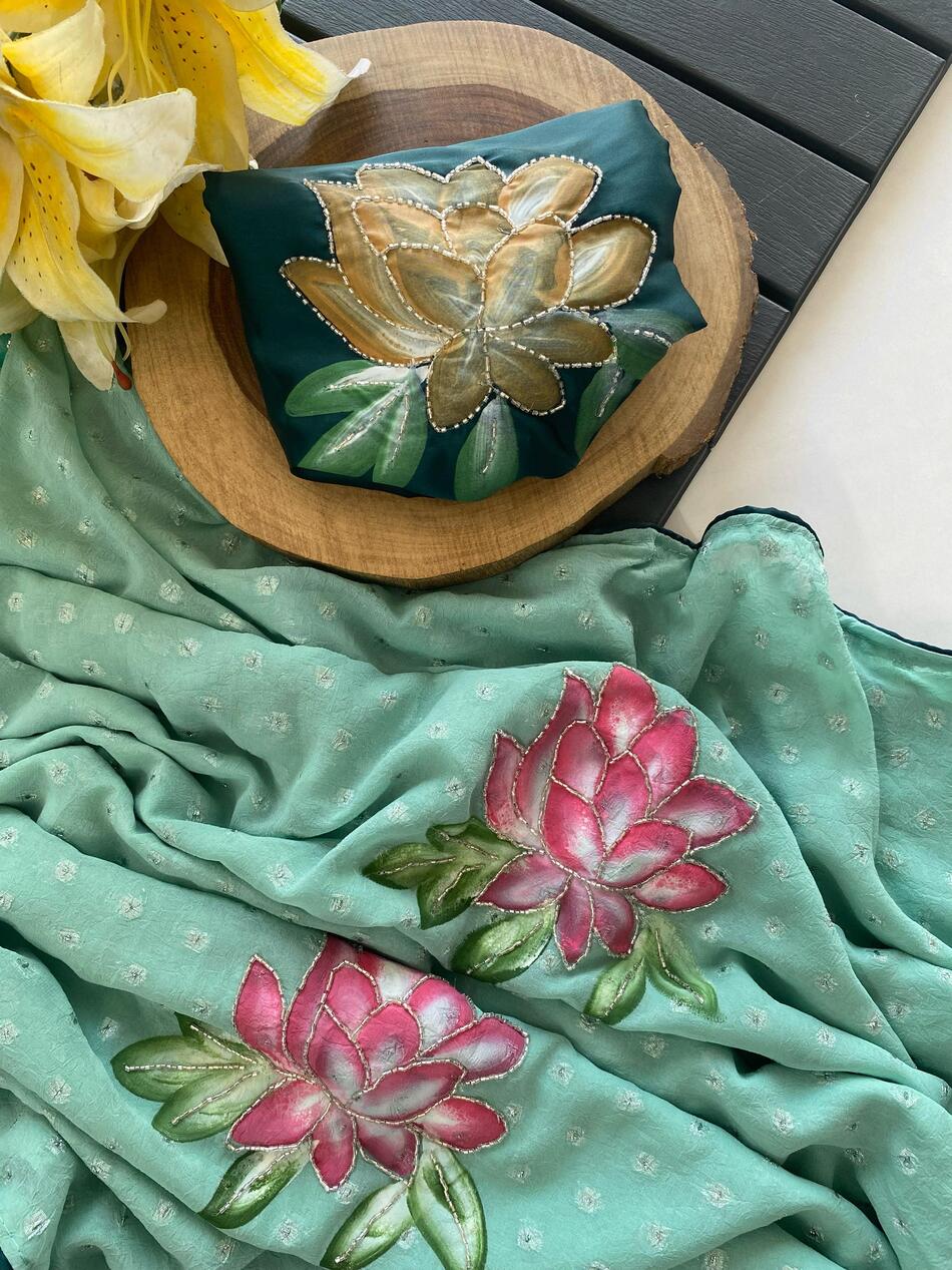 Scrumptious Sea Green Handwork Crush Chiffon Silk Saree With Aplomb Blouse Piece - Image 4