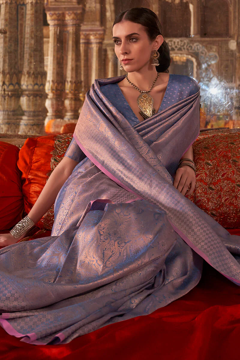 Scrupulous Lavender Kanjivaram Silk Saree With Ebullience Blouse Piece - Image 2