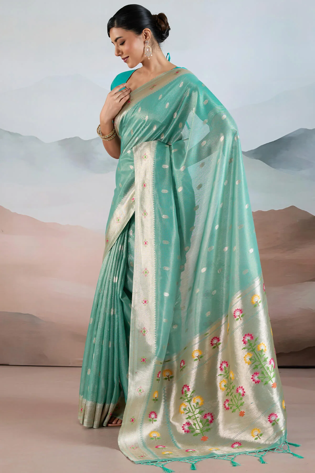 Scrupulous Sky Paithani Pure Tissue Silk Saree With Bucolic Blouse Piece - Image 3