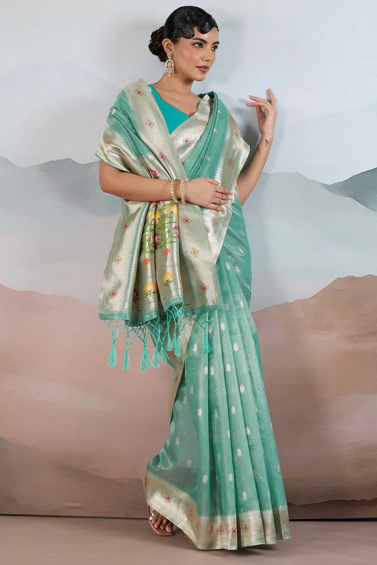 Scrupulous Sky Paithani Pure Tissue Silk Saree With Bucolic Blouse Piece - Image 5