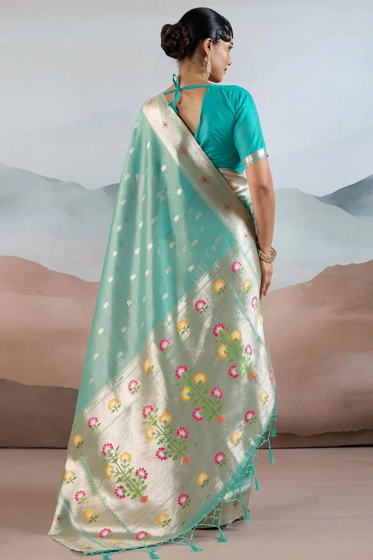 Scrupulous Sky Paithani Pure Tissue Silk Saree With Bucolic Blouse Piece - Image 6
