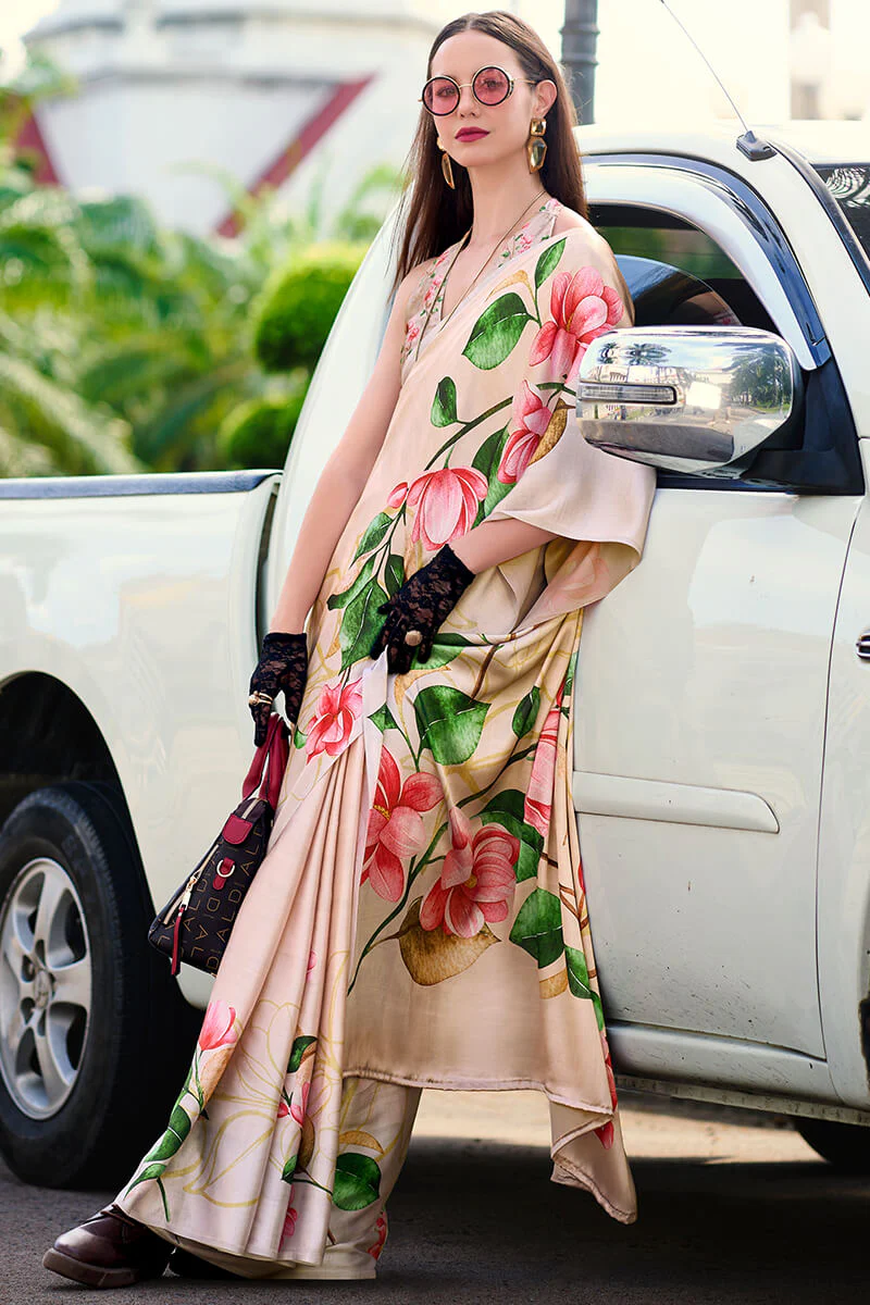 Sempiternal Beige Digital Printed Satin Silk Saree With Confounding Blouse Piece