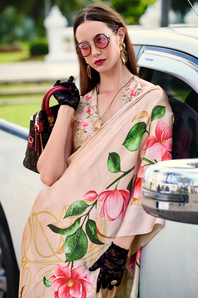 Sempiternal Beige Digital Printed Satin Silk Saree With Confounding Blouse Piece - Image 2