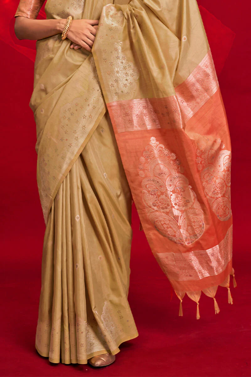 Sempiternal Beige Soft Banarasi Silk Saree With Woebegone Blouse Piece - Image 3