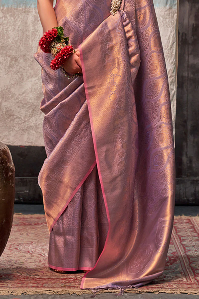 Sempiternal Lavender Kanjivaram Silk Saree With Snazzy Blouse Piece - Image 5