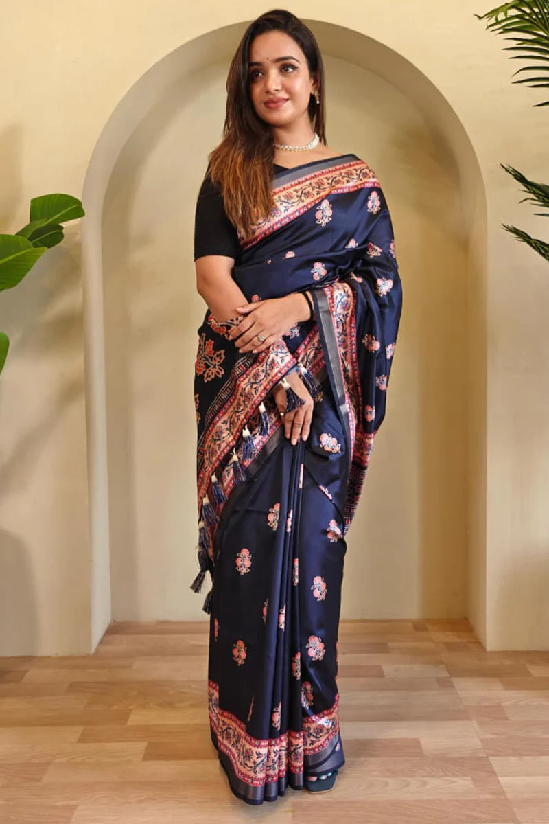 Sempiternal Navy Blue Viscose Dola Silk Printed Saree With Fantabulous Blouse Piece - Image 3