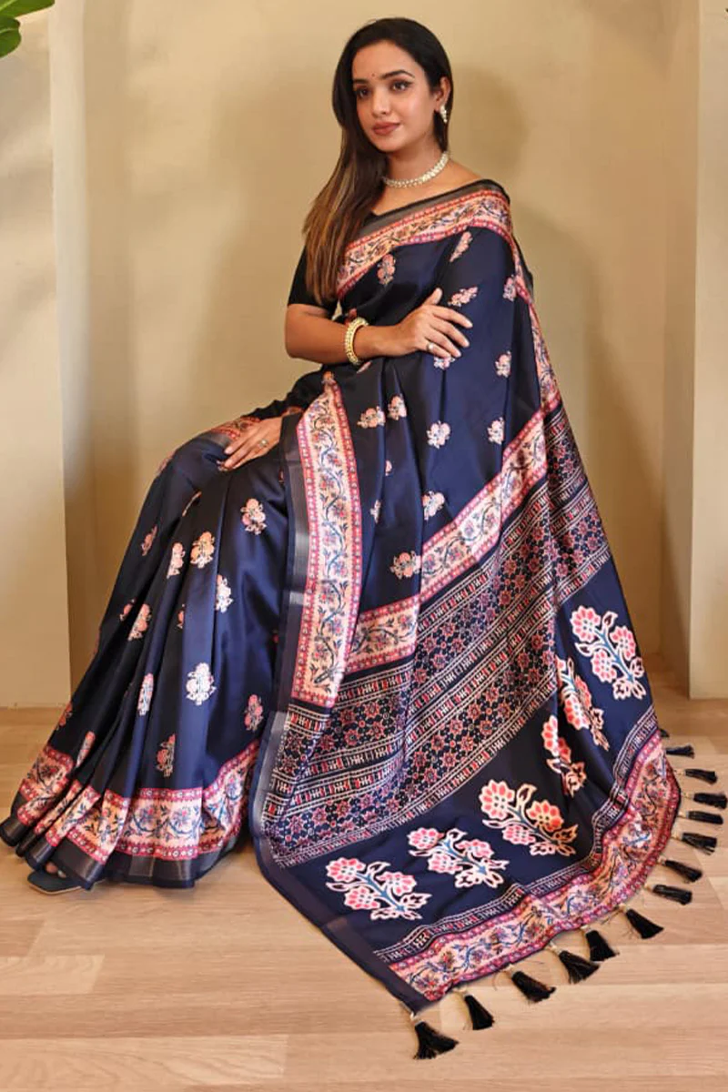 Sempiternal Navy Blue Viscose Dola Silk Printed Saree With Fantabulous Blouse Piece - Image 4