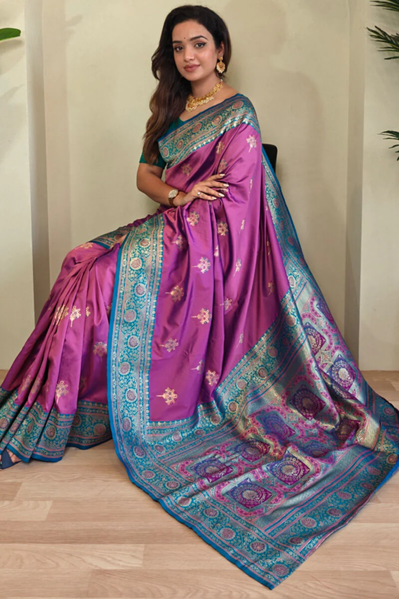Sempiternal Pink Soft Banarasi Silk Saree With Denouement Blouse Piece - Image 2